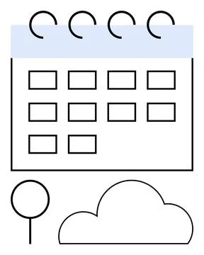 Minimalist calendar with a tree and a cloud in black and blue line art. Ideal Illustrazione stock