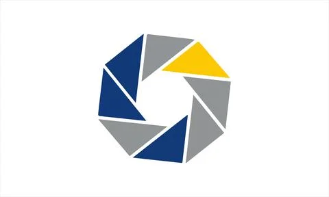 Minimalist camera shutter logo symbol in blue, grey, and yellow flat design Stock Illustration