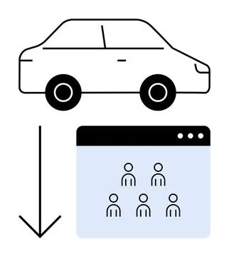 Minimalist car and browser interface with people icons connected by a downwar Stock Illustration