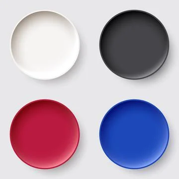 Minimalist ceramic plate set top view in four colors with realistic shadows.. Illustrazione stock
