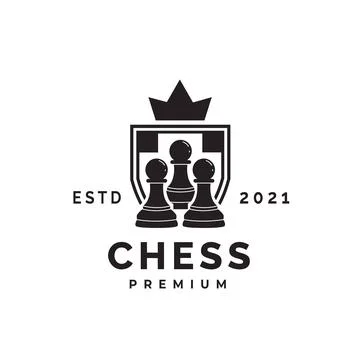 Minimalist chess vector logo with shield, pawn icon silhouette with crown Stock Illustration