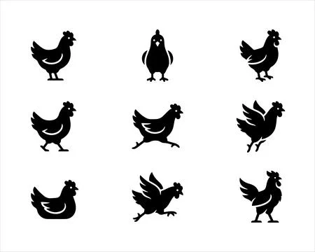 Minimalist Chicken Hen Icon Set, Flat Vector Farm Bird Silhouettes Stock Illustration