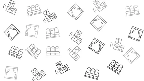 Minimalist Cinema Pattern with Theater Seats Curtains and Speakers Background Stock Footage 344875402