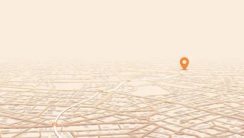 Minimalist city map with GPS navigation route and destination pin. Abstract. Stock Illustration