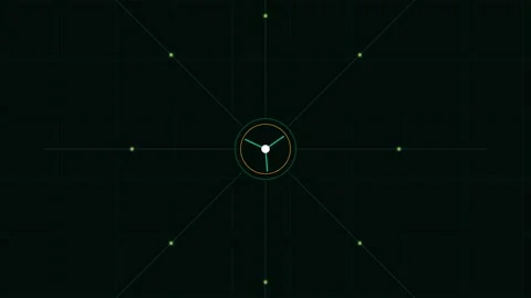 Minimalist clock interface with radiating crosshair lines on black background Video stock 338309889