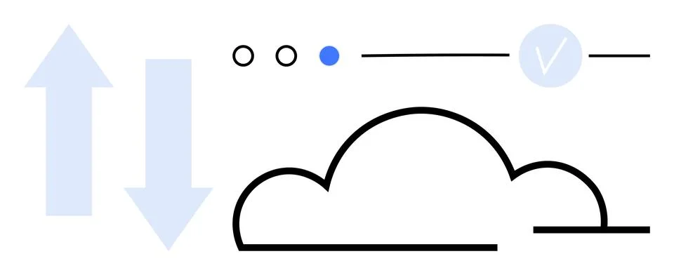 Minimalist cloud computing concept with data flow arrows, status indicators.. Illustrazione stock