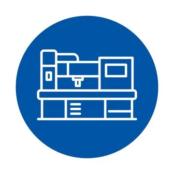 Minimalist CNC Machine Icon on Blue Circle Background for Industrial Use Stock Illustration