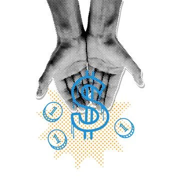 Minimalist collage isolated element with halftone style hands holding money Stock Illustration