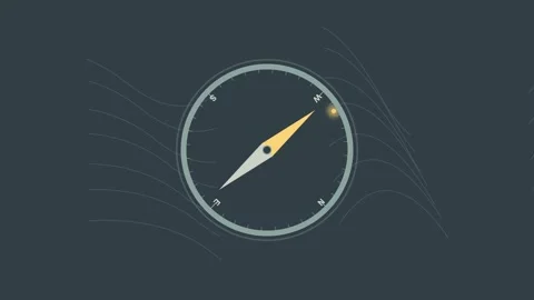 Minimalist Compass Icon Rotating Over Topographic Map with Flowing Contour .. Видео 345982216