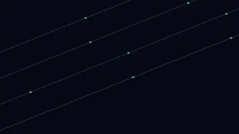 Minimalist composition of bright green glowing dots on parallel dark lines Video stock 338310400