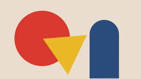 Minimalist composition featuring a red circle, yellow triangle, and blue arch Video stock 335118163
