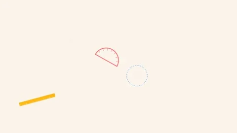 Minimalist composition of a yellow ruler, red protractor, and blue circle Stock Footage 338310310