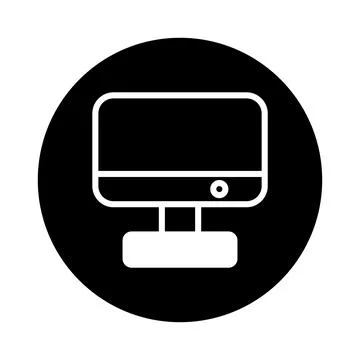 Minimalist computer screen icon in black circle displays modern technology .. Stock Illustration