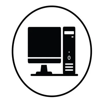 Minimalist computer setup icon enclosed in a round circle shape Illustration