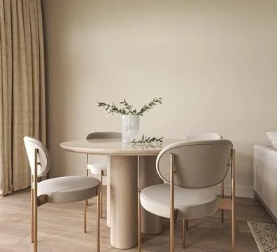 Minimalist concept of dining room interior with wooden table and modern design Illustration
