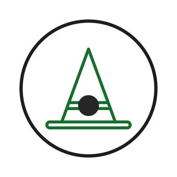 Minimalist conical hat icon with green outlines and a black orb evokes them.. Stock Illustration