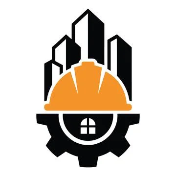 Minimalist construction logo design showing yellow safety helmet overlaid o.. Stock Illustration
