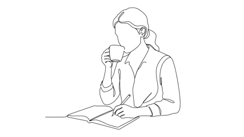 Minimalist Continuous Line Art Animation of Woman Drinking Coffee &amp; Writing Stock Footage 318200630
