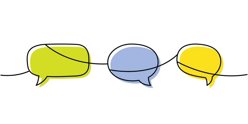 Minimalist continuous line art with three speech bubbles in yellow, green and Stock Illustration