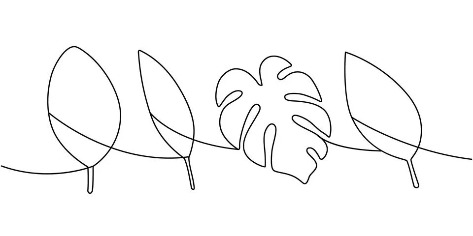 Minimalist continuous line drawing of assorted tropical leaves. Elegant Stock Illustration