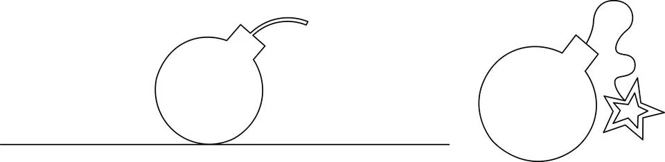 Minimalist continuous line drawing of two simple bomb icons with fuses on a.. Stock Illustration