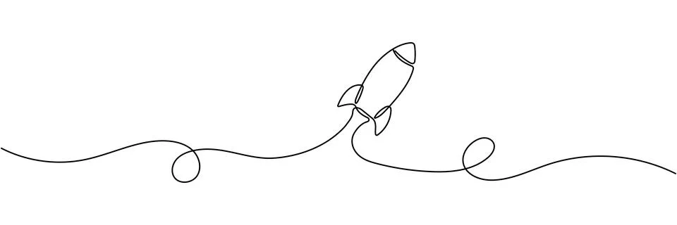 Minimalist continuous one line drawing of a flying space rocket, isolated o.. Stock Illustration