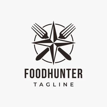 Minimalist Creative compass and fork logo, food travel, food hunter logo Stock Illustration