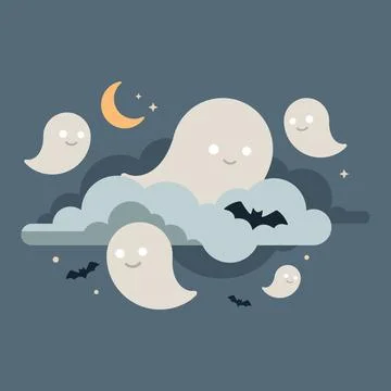 Minimalist cute ghosts floating on a cloud with night sky background square.. Stock Illustration