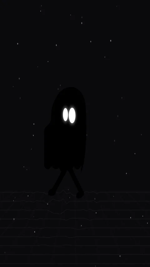 Minimalist Dark Ghost Character with Bright White Glowing Eyes Strolling on.. Stock Footage 341845869