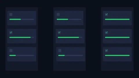 Minimalist dark interface design with progress bars and completion checkmarks Stock Footage 338310658