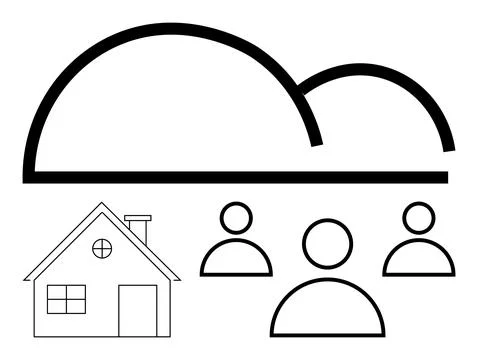 Minimalist design with cloud over house and three user icons. Ideal for techn Stock Illustration