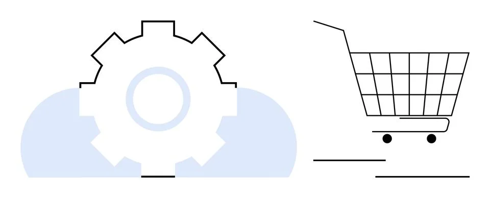 A minimalist design combines a gear, cloud, and shopping cart in soft gradien Stock Illustration