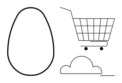 Minimalist Design with Egg Shape Cloud and Shopping Cart in Black and White Stock Illustration