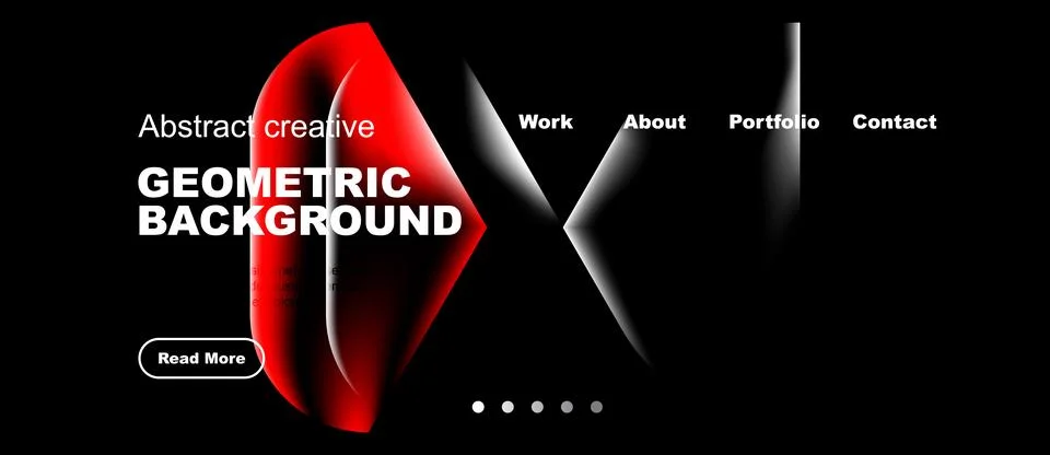 Minimalist design features red abstract shape, white text elements, black Stock Illustration