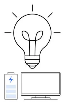 Minimalist Design Featuring Light Bulb with Monitor and Battery Charging Ic.. Illustrazione stock
