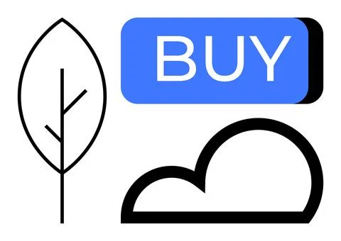 Minimalist Design with Leaf, Cloud, and BUY Button in Blue and Black Palette 스톡 일러스트