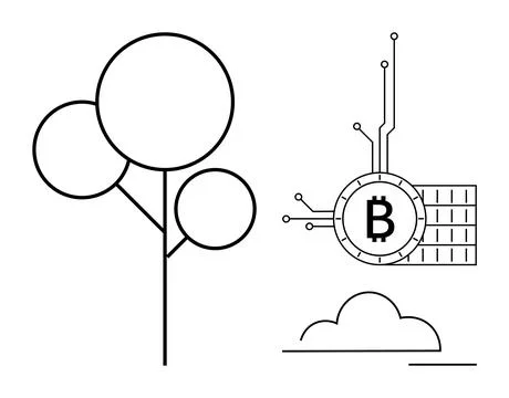 A minimalist design showcases a simplified tree, a Bitcoin symbol with circui Stock Illustration
