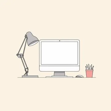 Minimalist Desk Setup with Computer and Lamp Иллюстрация