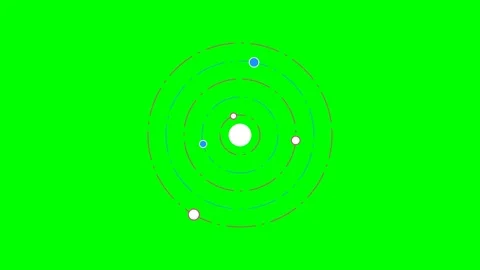 A minimalist diagram of an atom with orbiting particles on a green background Stock Footage 340266756