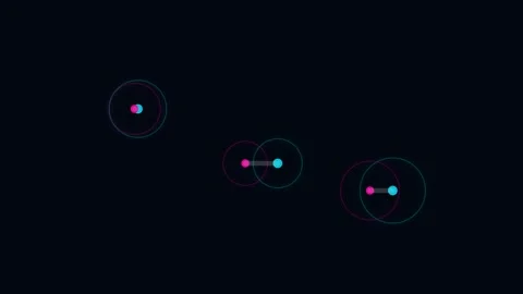 Minimalist digital animation of connected blue and pink orbiting spheres Видео 338310900