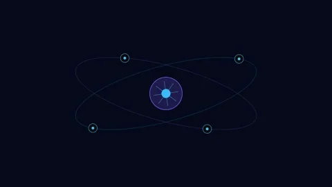 Minimalist digital atom model with glowing core and orbiting particles Stock Footage 338310769