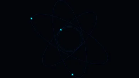 Minimalist digital atom model with glowing particles on a black background Stock Footage 338312083