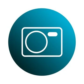 A minimalist digital camera icon with circular lens on a gradient blue back.. Stock Illustration