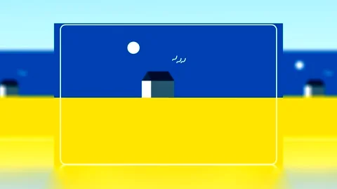 Minimalist digital illustration featuring a small house on a blue and yello.. Video stock 343647402