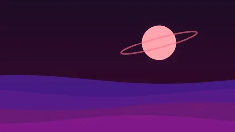 Minimalist digital illustration of a ringed planet over purple dunes Stock Footage 338310712