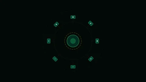 Minimalist digital interface with a central hub and eight orbiting points Video stock 338310824