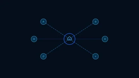Minimalist digital interface showing a central hub with connected nodes Stockbeeldmateriaal 338309487