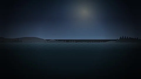 Minimalist digital landscape featuring full moon reflecting over dark wavy .. Video stock 346715963