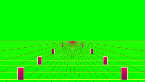Minimalist digital landscape with rows of glowing pillars on green grid Stock Footage 340901763