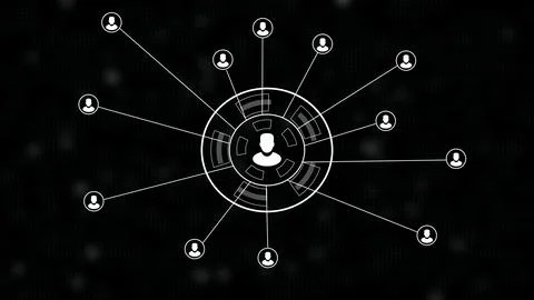 Minimalist digital network diagram featuring a central white user connected.. 스톡 일러스트